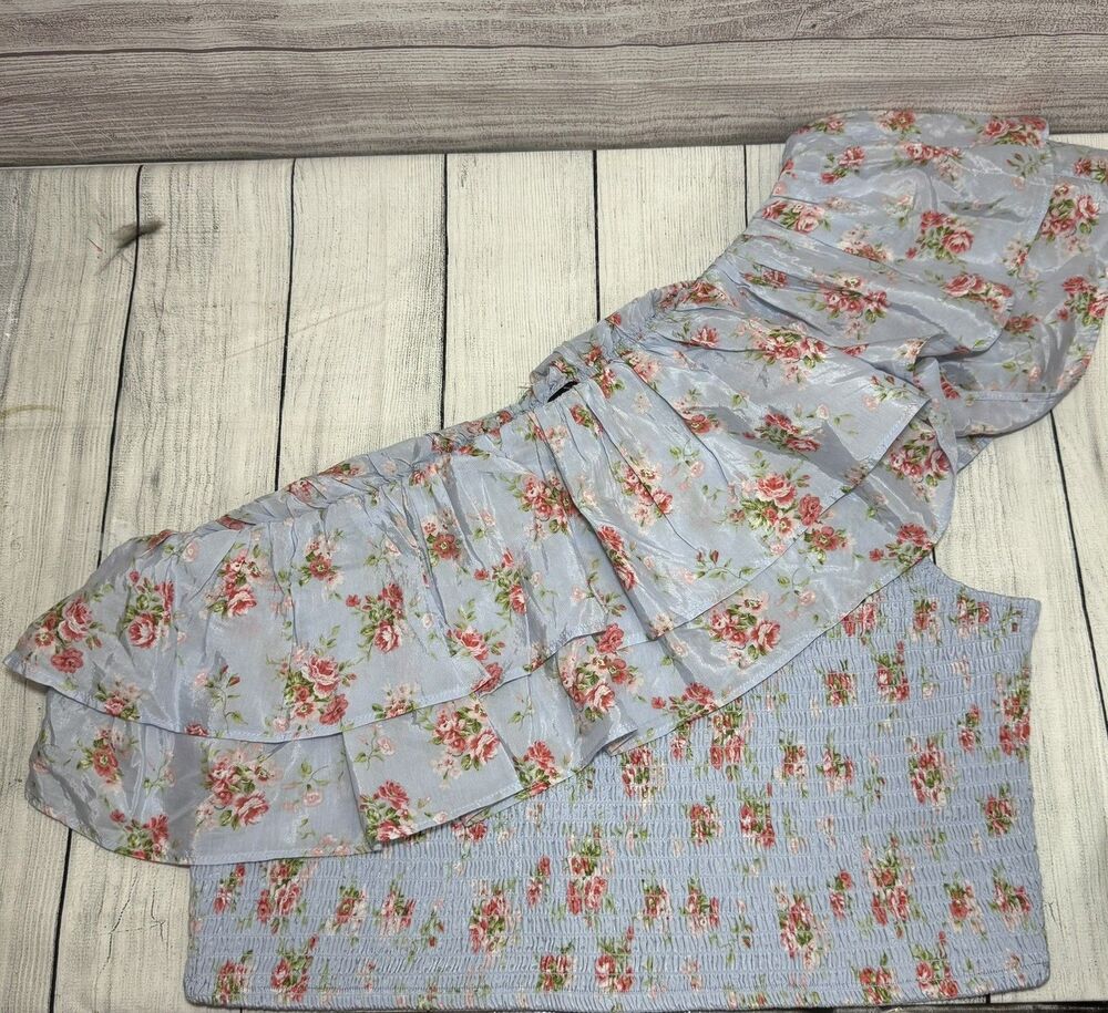 Abercrombie & Fitch Asymmetrical Ruffle 1 Shoulder Top Light Blue Floral Xl - Picture 5 of 5